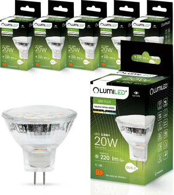 Produktbild von LUMILED LED Lampen Leuchtmittel 6 Stück Set MR11 2,5W (20W) 4000K Neutralweiß 230V 220lm 120° Abstrahlwinkel Spots neutral Reflektorlampen