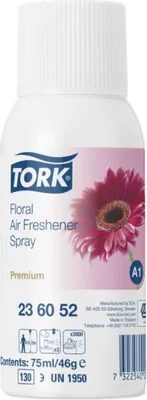 A white bottle of Tork Floral Air Freshener Spray with a pink flower on the label.