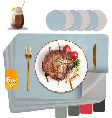Produktbild von Tischsets Abwaschbar Lederoptik Hitzebeständig 6er Set Hellblau Grau 43x30cm inkl. Untersetzer