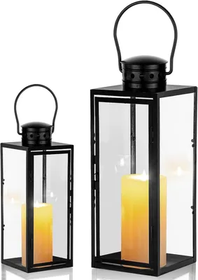 Zdjęcie produktu dla Lampiony na świece, zestaw 2 sztuk, wysokość 24 i 35 cm, metalowe lampiony do użytku zewnętrznego, duże świeczniki, lampiony nagrobne, szklane lampiony, dekoracje świąteczne do zawieszenia