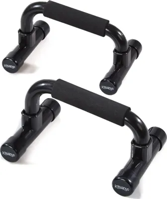 Produktbild von KAWANYO Liegestützgriffe schwarz, 2er Set, 22x14xca. 11/9 cm, 520g – rutschfest, gepolstert, gelenkschonend, mit Stecksystem & geneigten Griffen zur Handgelenksentlastung, platzsparend für intensives Training von Liegestützen, Planks & Dips.