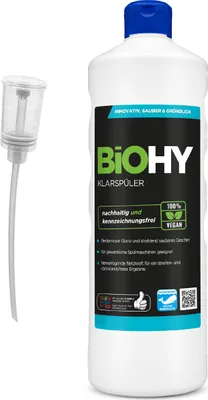 Produktbild von BiOHY Klarspüler (1l Flasche) + Dosierer | Ökologisches Hochkonzentrat | Geeignet für alle (gewerblichen) Spülmaschinen, für unschlagbaren Glanz auf Gläsern & Geschirr |logisch abbaubar
