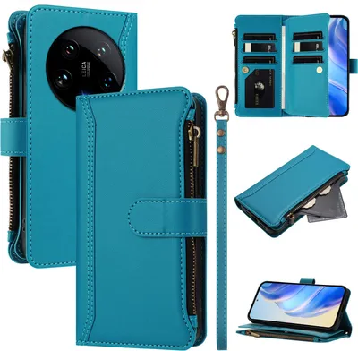 Image de Etui pour Xiaomi 14 Ultra, fermeture éclair, étui portefeuille en cuirPolyuréthaneavec pochettes pour cartes, support et dragonne Bleu lac