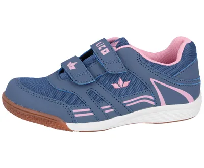 A side view of a blue and pink children's sports shoe with white soles and a brown outsole.