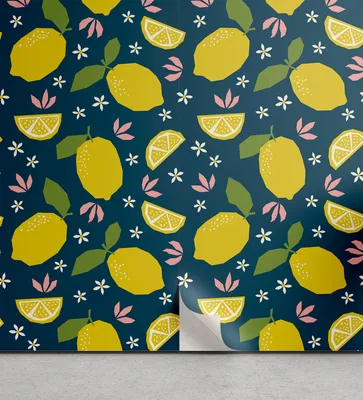 Obrázok produktu pre ABAKUHAUS Ovocné odnímateľné a nalepovacie tapety pre domácnosť, Pop citrón a kvety, samolepiace akcenty do obývacej izby a kuchyne, 33 cm x 180 cm, petrolejovo modrá a žltá