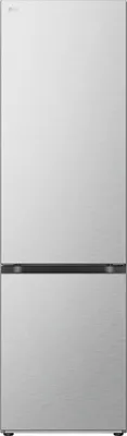 A front view of a silver LG refrigerator.