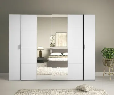 Obrázok produktu pre Zrkadlová šatníková skriňa 270 cm GIRADOT - biela / čierne úchyty