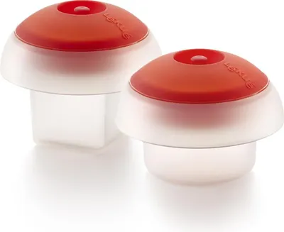 Two silicone food molds with red tops and frosted white bases, presented on a white background.
