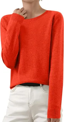Image de ASKSA Pull en tricot femme Elégant Pull en tricot uni Duenne Pull d'hiver en tricot fin Stretch Chaud Pull en laine Basic Pull col rond,Rouge orangé,S