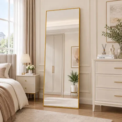 Produktbild von INONEFT HD-Ganzkörperspiegel 177 x 77 cm, Quadratischer Standspiegel mit Rahmen aus Aluminiumlegierung und Metallfuß, Gehärtetes Glas, Gold
