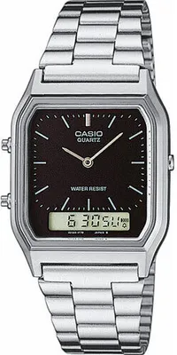 A studio shot of a silver Casio watch with a black face.