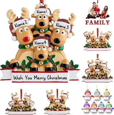 Produktbild von Personalisierte Weihnachtsschmuck - Familienornament für 4 mit benutzerdefiniertem Namen - Maßgeschneiderte Rentier-Dekorationen für einzigartige Geschenke