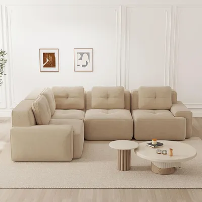 Produktbild von STILVORA Ecksofa rahmenlos aus Cordstoff mit rutschfestem Design, Wohnzimmersofa als modulares Kombinationssofa ohne Montage, Bürosofa als gepolstertes Tiefsitzsofa, Beige