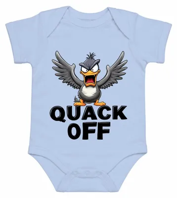 Immagine prodotto di QUACK OFF: Maglietta a maniche corte per neonato, colore azzurro chiaro, taglia 6/12 mesi. Motivo: anatra divertente e sarcastica