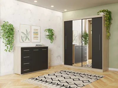 Produktbild von Schwebetürenschrank Kleiderschrank Schrank zweitürig 204 cm Kommode 135 cm und LED Beleuchtung Sonoma/Schwarz Torino I Frida 01