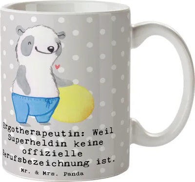 Produktbild von Mr. & Mrs. Panda Teetasse Ergotherapeutin Superheldin - Grau Pastell - Geschenk, Dankbarkeit, Kognitive Funktionen, Kaffeetasse, Therapie, Tasse, handgefertigte Geschenke