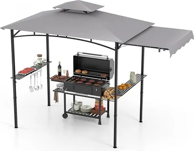 Produktbild von Grillpavillon mit Seitenwand, 318 x 153 cm Gartenpavillon mit 2 Seitenablagen, Hängehaken und Flaschenöffner, doppelstöckige Grillüberdachung