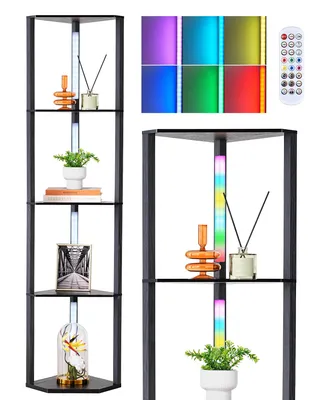 Produktbild von Stehlampe Wohnzimmer Dimmbar, Standleuchte mit Ablage LED fest integriert, Eckregal mit RGB, Standregal mit Beleuchtung, Wohnzimmer Deko