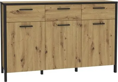 A studio shot of a sideboard with three doors and three drawers.