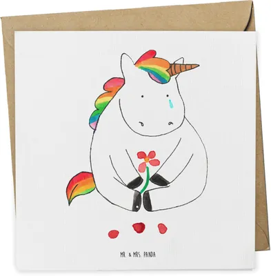 Produktbild von Mr. & Mrs. Panda Grußkarte Einhorn Traurig - Weiß - Geschenk, Einhörner, faltkarte, Blume, Unicorn, Liebe, Trauer, Glückwunschkarte, anlasskarte, doppelkarte, Freunde