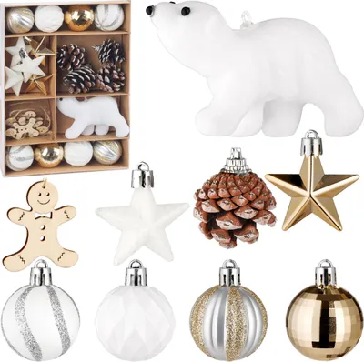 Image de BRUBAKER 24 pcs. décoration d'arbre de Noël avec boule d'ours polaire - boule de Noël avec pomme de pin, pain d'épice en bois, étoiles scintillantes - blanc or marron
