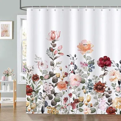 Produktbild von Famanu Duschvorhang Blumen Design - 180 x 180 cm - wasserabweisend, schimmelresistent, waschbar