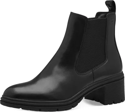 A black leather Chelsea boot with a block heel is shown against a white background.