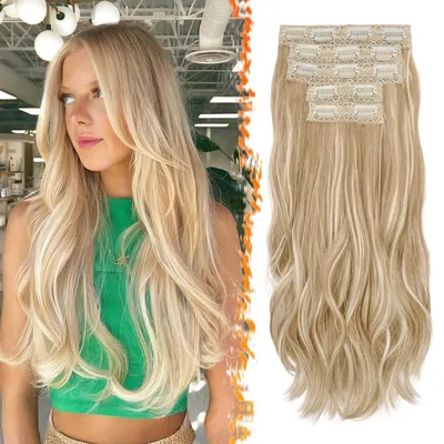 Zdjęcie produktu dla Klipsy do przedłużania włosów, blond, 50 cm, falowane, zestaw 5 sztuk, jasny blond z pasemkami, syntetyczne