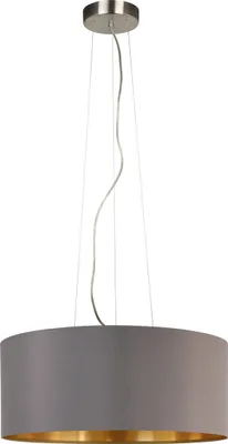 Produktbild von EGLO Pendellampe Maserlo, 3 flammige Textil Pendelleuchte, Hängeleuchte aus Metall in Silber mit Lampenschirm in Cappuccino und Gold, E27, Ø 53 cm