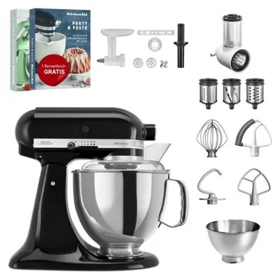 Produktbild von KitchenAid 4,8 L 5KSM175 Artisan Küchenmaschine Set 3 Gemüseschneider+Fleischwolf+Spritzge Onyx Schwarz