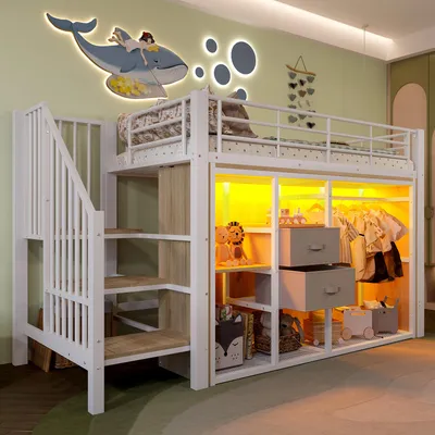 Produktbild von Merax Etagenbett Hochbett 90x200 cm, Kinderbett Stockbett mit LED, 2 Schubladen, offenem Kleiderschrank, Staufächern, Jugendbett, Eisenbett, Weiß
