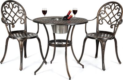 COSTWAY 3ks bistro set se 2 židlemi a bočním stolkem, kulatý stůl s odnímatelným kbelíkem na led a 2 židle z litého hliníku, sada zahradního nábytku na verandu, terasu a zahradu