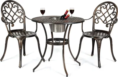 A bistro set with two chairs and a round table, set against a white background.