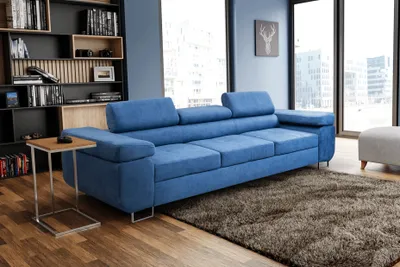 Produktbild von MargaretHadas24 Couch Marlene mit verstellbaren Kopfstützen 274 x 97 cm, Schlaffunktion Wohnzimmersofa 3 Sitzer Freistehendes Polstersofa Sofa, blau