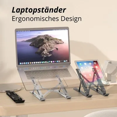 Produktbild von Verstellbarer Laptopständer Aluminium Faltbar Notebookhalter MacBook - Silber
