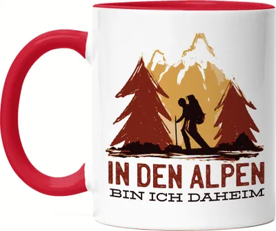 Produktbild von In Den Alpen Bin Ich Daheim Tasse Rot Berge Hügel Bergsteigen Wandern Sport Sportler Gipfel Montain