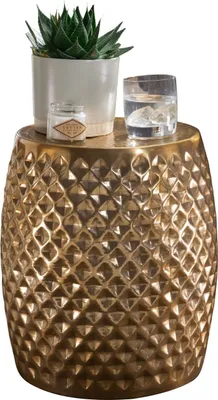 Produktbild von Beistelltisch 32x42x32 cm Aluminium Anstelltisch Gold Orientalisch Rund, Flacher Hammerschlag Sofatisch Metall, Design Wohnzimmertisch Modern, Ablagetisch Indisch Telefontisch