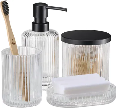 Produktbild von Navaris Badezimmer Set 4-teilig aus Glas - dekoratives Badzubehör mit Zahnputzbecher Seifenspender Seifenschale Glasdose - Bad Accessoires - Schwarz