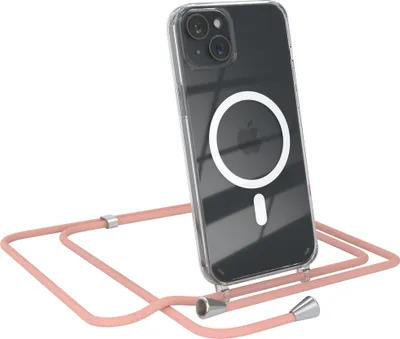 Produktbild von EAZY CASE - Handykette kompatibel mit Apple iPhone 15 Plus Kette zum Umhängen Stoßfest Handyhülle für Apple iPhone 15 Plus Silikon Hülle mit Band Handytasche Transparent als Fallschutz in Alt Rosa - Clips Silber