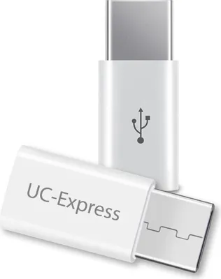 Two white USB adapters with silver connectors are shown against a white background. One adapter is upright with a USB symbol, and the other is lying down with text.