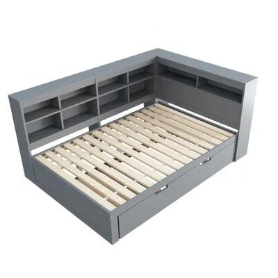 Produktbild von okwish Schlafsofa Daybett 140x200cm mit Ausziehbarem Unterbett 90x190cm und Lattenrost, Tagesbett Kinderbett Jugendbett aus Holz mit USB-Steckdose und mehreren Ablagefächern(Ohne Matratze)- Grau