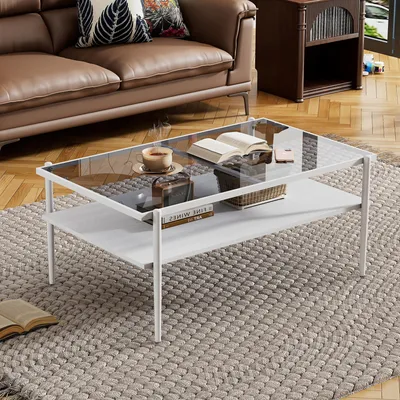 Produktbild von MODFU Rechteckiger Kaffeetisch Beistelltisch Tischplatte aus Glas mit Stauraum moderner Wohnzimmertisch Grau+Weiß