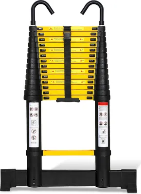 Immagine prodotto di Scala telescopica professionale Jayseuw 4,4 m in alluminio nero portata 150 kg scala multiuso piedini in gomma antiscivolo con stabilizzatore e ganci rimovibili