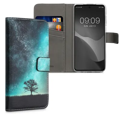 Produktbild von kwmobile Wallet Case kompatibel mit Motorola Moto G52 / Moto G82 5G Hülle - Cover mit Ständer und Kartenfächern - Galaxie Baum Wiese Blau Grau Schwarz