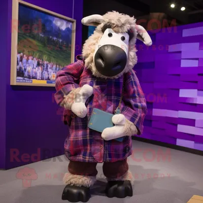 Produktbild von Lila REDBROKOLY Suffolk-Schaf Maskottchen kostüm gekleidet mit einem Flanellhemd und Geldbörsen