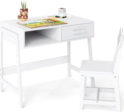 Produktbild von GOPLUS Kinderschreibtisch Set mit Stuhl & Schublade, Kiefernholzbeine, Kindersitzgruppe ab drei Jahren