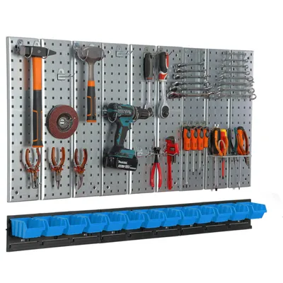 Obrázek produktu pro Nástěnný kovový úložný systém 117x72cm s háčky na nářadí 13 stohovacích boxů modrý