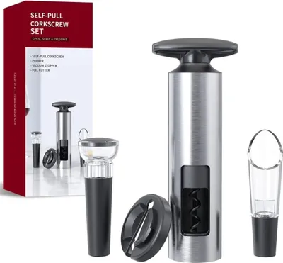 Produktbild von Vakuum Weinöffner Set Edelstahl – Korkenzieher mit Pumpe, Ausgießer, Vakuumverschluss & Folienmesser