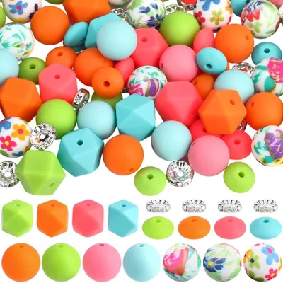 97 Silikonperlen, rund & sechseckig, rosa/orange/grün, DIY-Schmuck