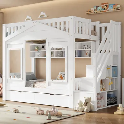 Produktbild von Merax Etagenbett Hochbett 90x200cm mit Stauraumtreppe, Kinderbett mit Rausfallschutz, Holzbett mit Hausbett Design und Fenster, Massivholz, Weiß